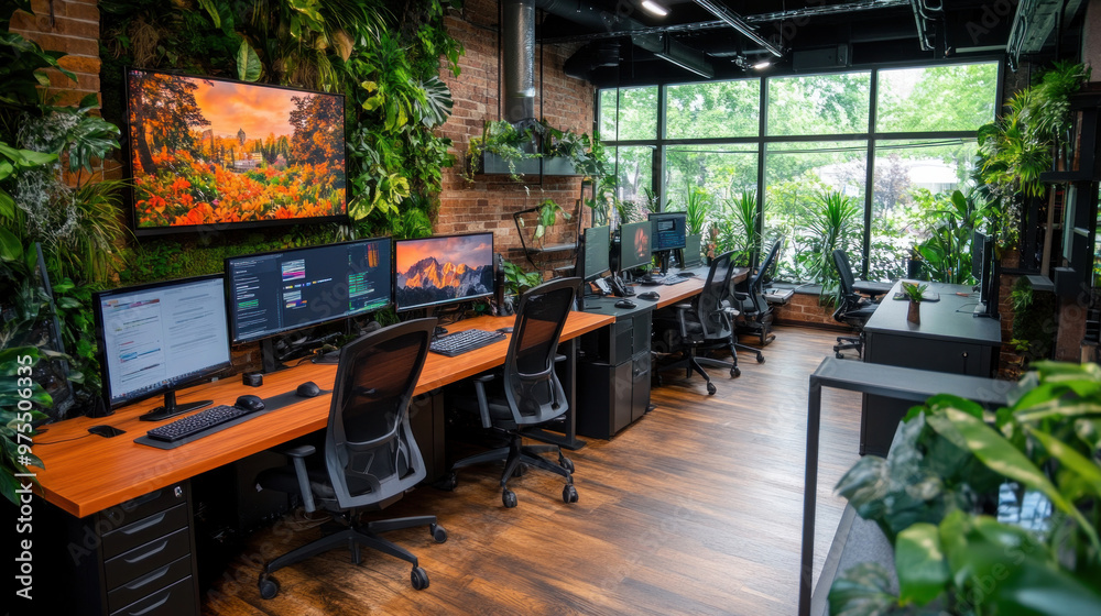 Naklejka premium The modern startup workspace features standing desks, collaboration zones, and a focus on innovation.