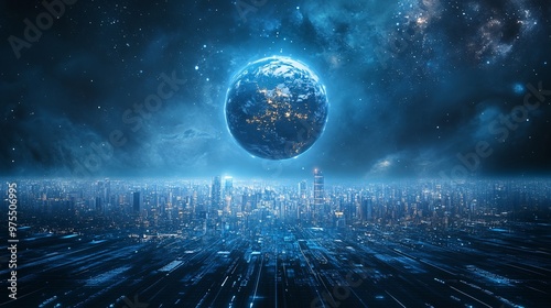 Global Connectivity in the Digital Age - Earth Globe on Abstract Tech Background with Cityscape Silhouette
