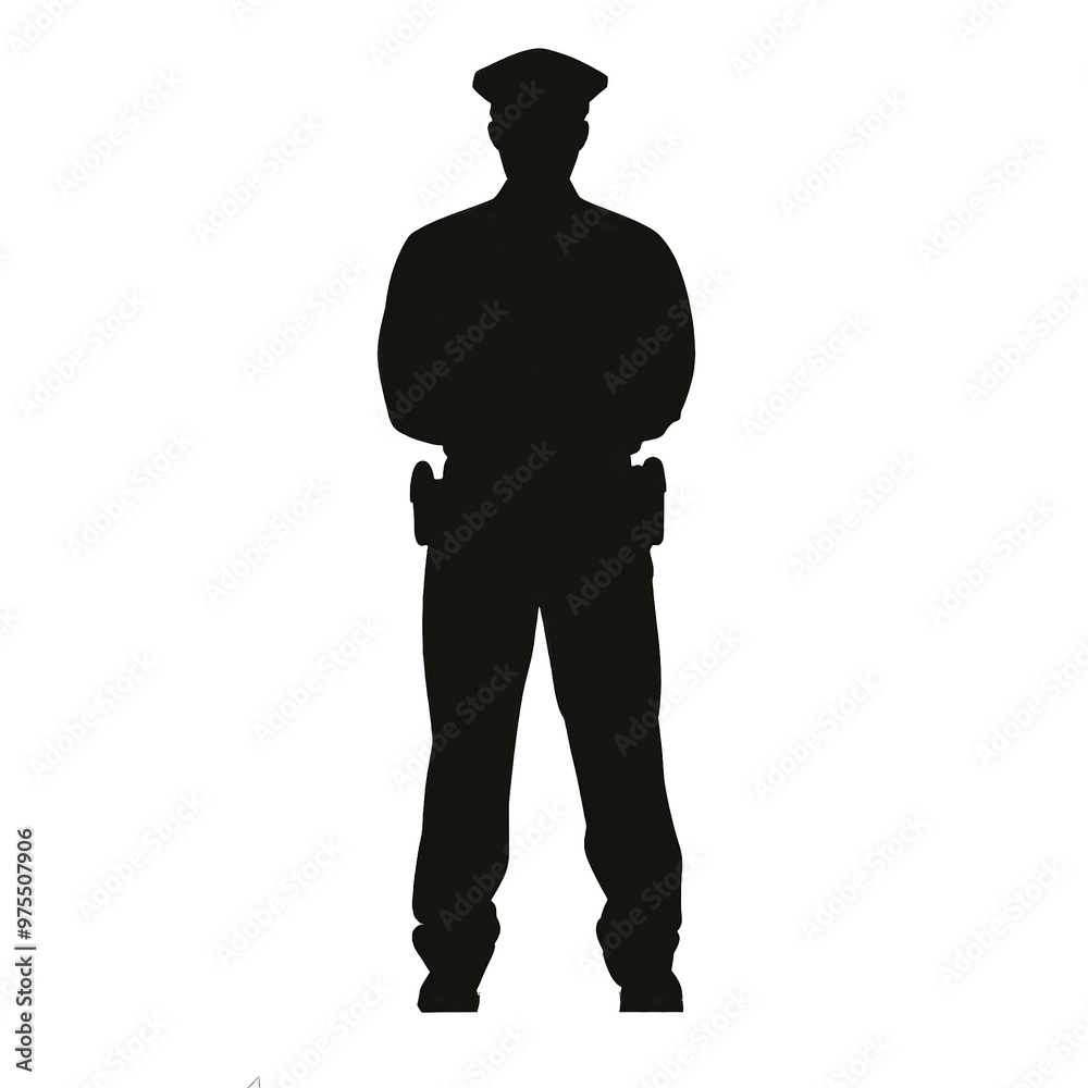 Silhouette of a police officer standing with a uniform and hat, symbolizing law enforcement and security. transparent background Silhouette of a police officer standing with a uniform and hat, symbolizing law enforcement and security. transparent background