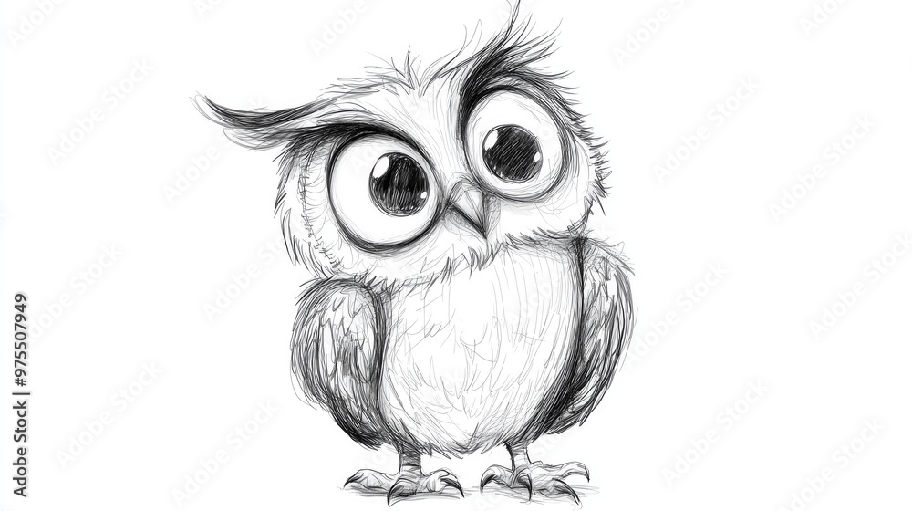 Obraz premium Cute and funny cartoon owl character sketch style black and white hand drawn 2D illustration isolated design