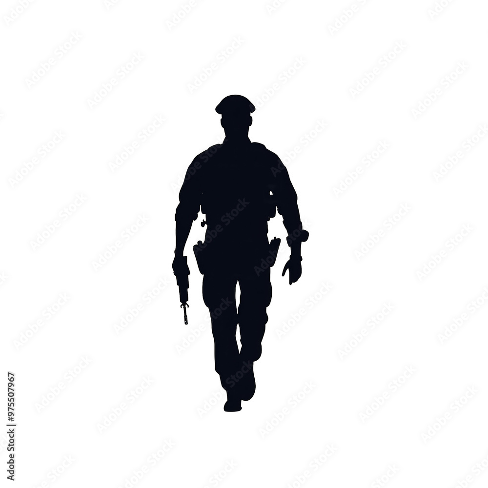 Silhouette of a police officer walking forward, exuding authority and vigilance in a darkened environment. transparent background Silhouette of a police officer walking forward, exuding authority and vigilance in a darkened environment. transparent background