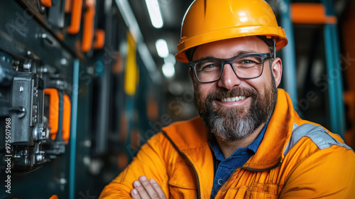 The portrait features a smiling male engineer in a hard hat, exuding professionalism and confidence.