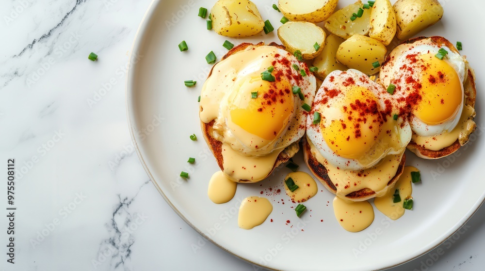 Eggs Benedict with Extra Sauce and Sliced Potatoes | Gourmet Breakfast on White Plate -- 16:9 Eggs Benedict with Extra Sauce and Sliced Potatoes | Gourmet Breakfast on White Plate -- 16:9