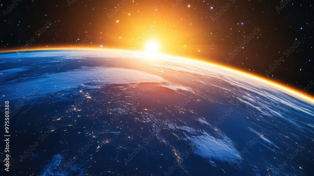 Obraz premium Sunrise illuminates the blue planet Earth as viewed from space