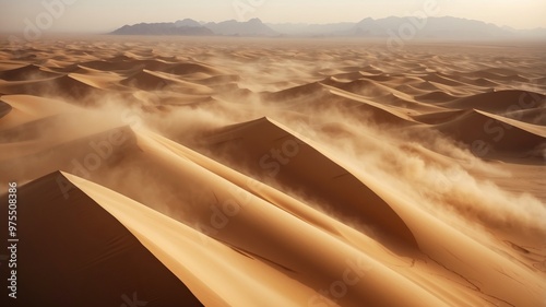 aerial view of a sandstorm sweeping across the desert.