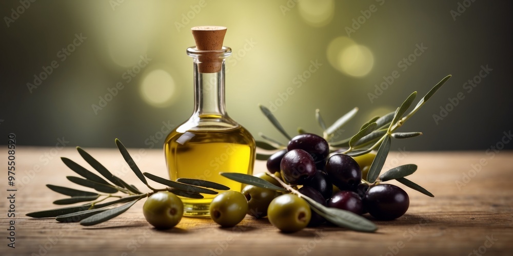 Aerial view of olive oil bottle with olives and olive twig. Aerial view of olive oil bottle with olives and olive twig.