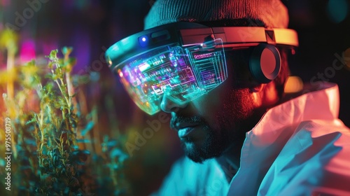 A farmer using augmented reality glasses to identify weeds, digital holographic data floating in front of them, bright and clean UI, subtle neon tones, futuristic, semi-realistic photo