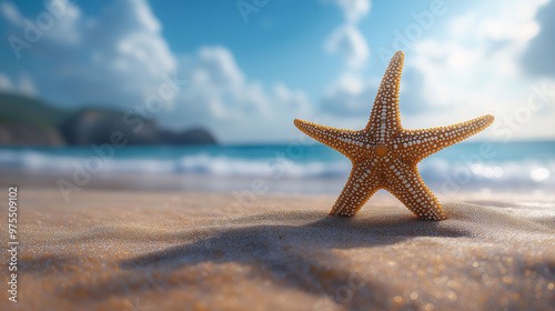 Starfish on Sandy Beach with Ocean and Sky Background
