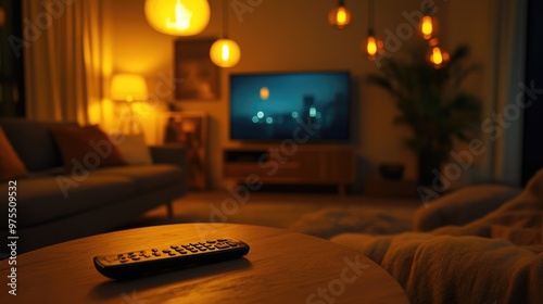 Living Room Scene with Remote Control on Wooden Table and Dimly Lit TV in the Background photo