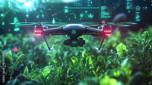 A smart drone flying above crops, emitting laser beams to target weeds, surrounded by holographic controls and tech icons, futuristic UI, neon lighting, high-resolution digital art photo