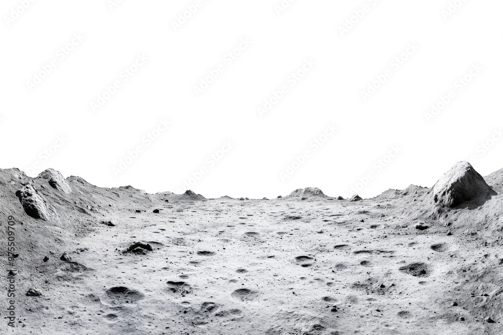 Moon surface isolated on white background. Lunar landscape with deserted landscape and craters formed by meteor impacts