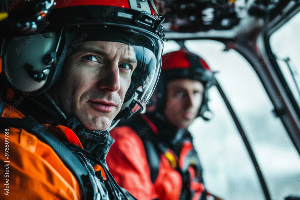 Two helicopter rescue pilots in full gear in cockpit. Emergency team preparing to search operation Two helicopter rescue pilots in full gear in cockpit. Emergency team preparing to search operation