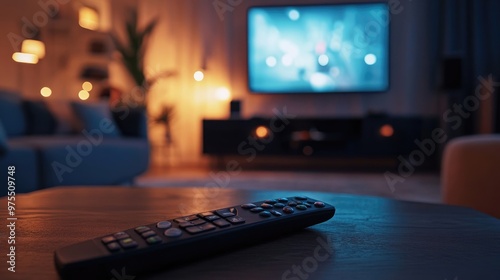 Living Room Scene with Remote Control on Wooden Table and Dimly Lit TV in the Background photo