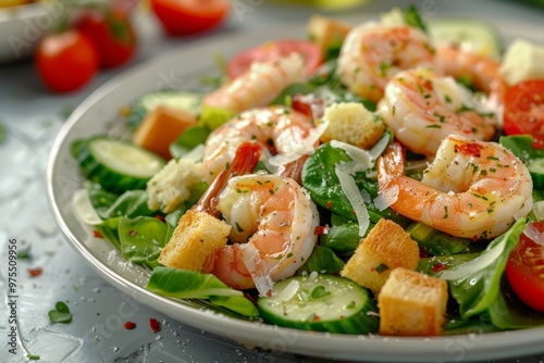 Caesar Salad with Shrimps, Chicken, Croutons, Tomatoes, Cucumbers on White Plate