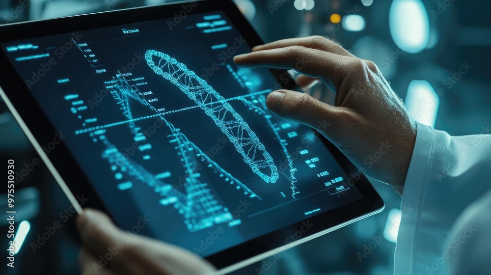 Doctor Using Tablet for Electronic Medical Records with DNA Image, Showcasing Innovative Medical Technology and Hologram Screen Doctor Using Tablet for Electronic Medical Records with DNA Image, Showcasing Innovative Medical Technology and Hologram Screen