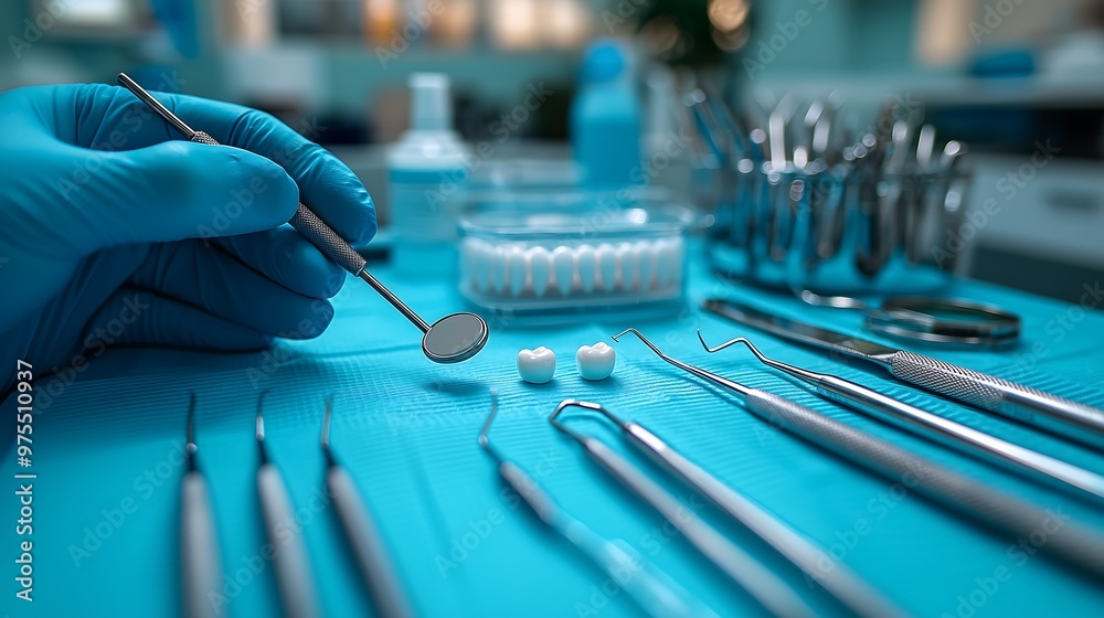 Blue Gloved Hands Arranging Dental Instruments on a Sterile Tray, Prepared for a Procedure in a Clinical Room 臨床室での処置に備えた無菌のトレイに歯科用器具を並べるブルーの手袋をした手.Generative AI Blue Gloved Hands Arranging Dental Instruments on a Sterile Tray, Prepared for a Procedure in a Clinical Room 臨床室での処置に備えた無菌のトレイに歯科用器具を並べるブルーの手袋をした手.Generative AI