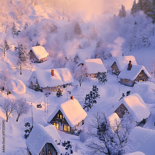 Winter village scene with snow-covered houses and trees under a sunset sky