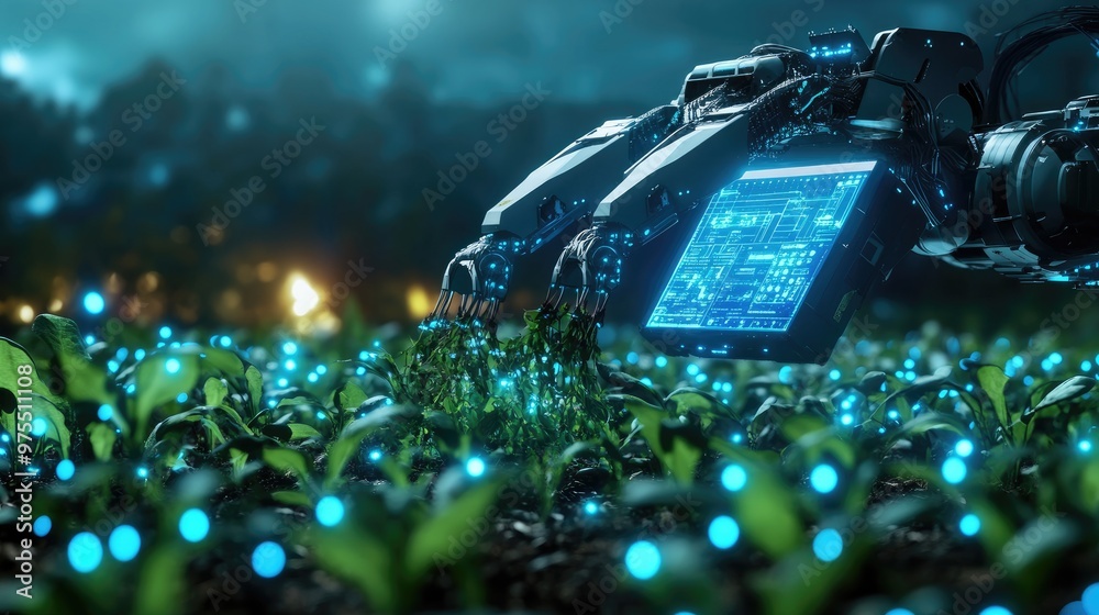 Automated weed control machine with robotic arms uprooting plants ...