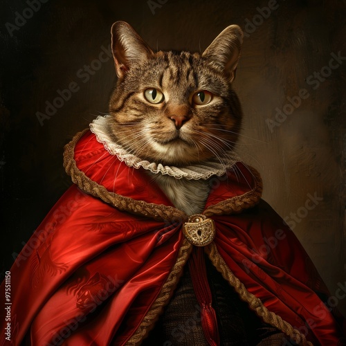 Noble Medieval Cat, Imitation of Van Dyck, Proud Cat in a Red Cloak, Generative AI Illustration photo