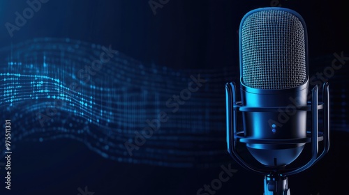 A classic microphone with a blue digital wave background.