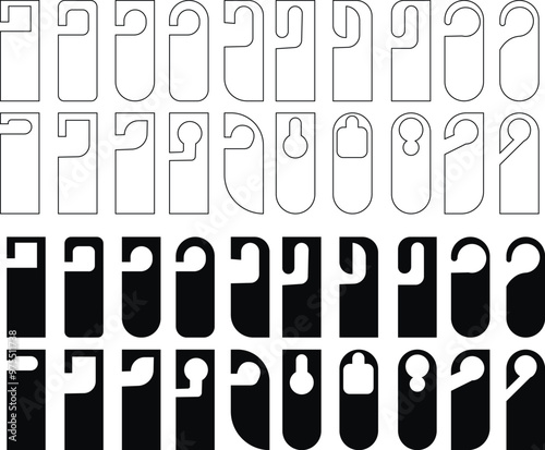 Elegant hotel door hanger design for handle or knob set. Do not disturb, please service or clean room doorhanger template. Vector die cutting inform sign. Hotel Door Hanger Tags. Minimalism concept.