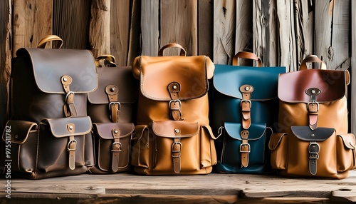 Vintage leather backpacks artfully arranged on rustic wooden backdrop, highlighting unique colors and intricate designs photo