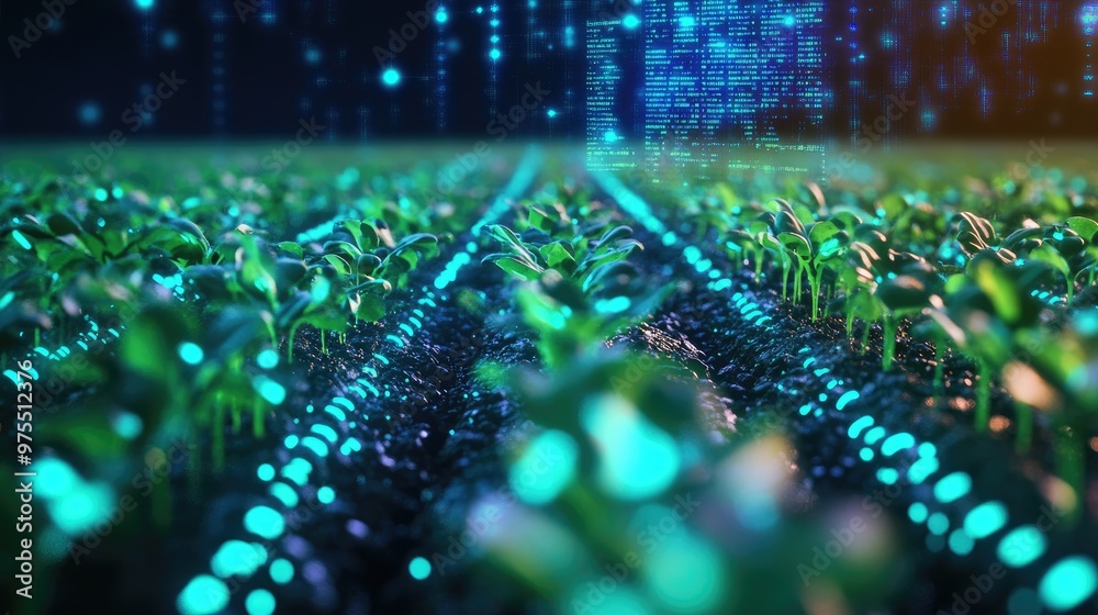 Computer Growing Weeds Close-up of weeds growing among crop rows, overlay of AI-generated ...
