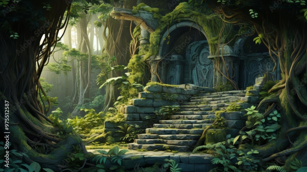 An arrow carved from stone, amidst ruins of an ancient civilization, overgrown with ivy in this historical illustration An arrow carved from stone, amidst ruins of an ancient civilization, overgrown with ivy in this historical illustration
