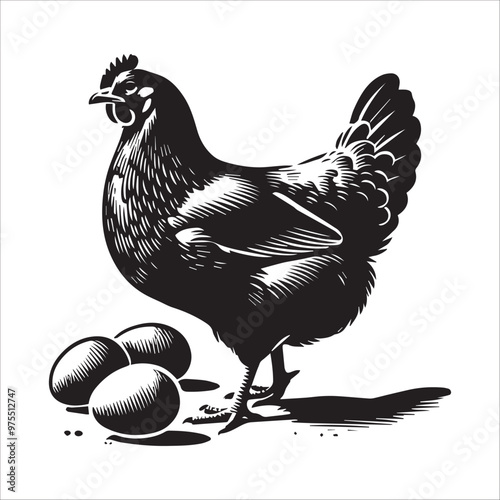 Chicken silhouette Clipart - A sketch of an Australorp hen sitting on eggs Vector illustration in black and white
