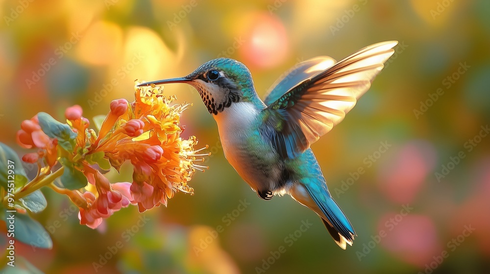 Fototapeta premium Ultra hd macro Colorful humming bird are flying near flowers and pecking at water droplets falling from beautiful wild flowers pollen. 