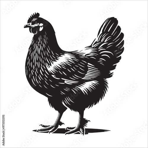 Chicken silhouette Clipart - An Australorp chicken standing Vector illustration in black and white