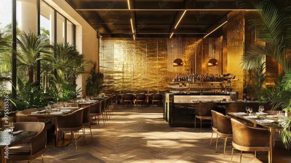 Fototapeta premium Modern restaurant interior with gold accents, large windows, and lush greenery.