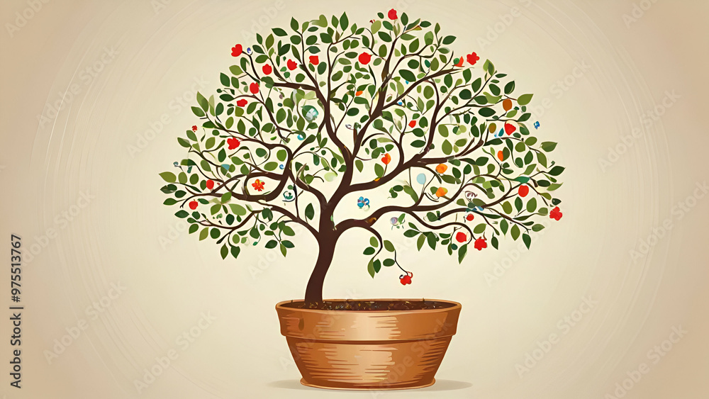 Whimsical Tree in Pot Nature Meets Charm - Vector Image light yellow background, Whimsical Tree in Pot Nature Meets Charm - Vector Image light yellow background,
