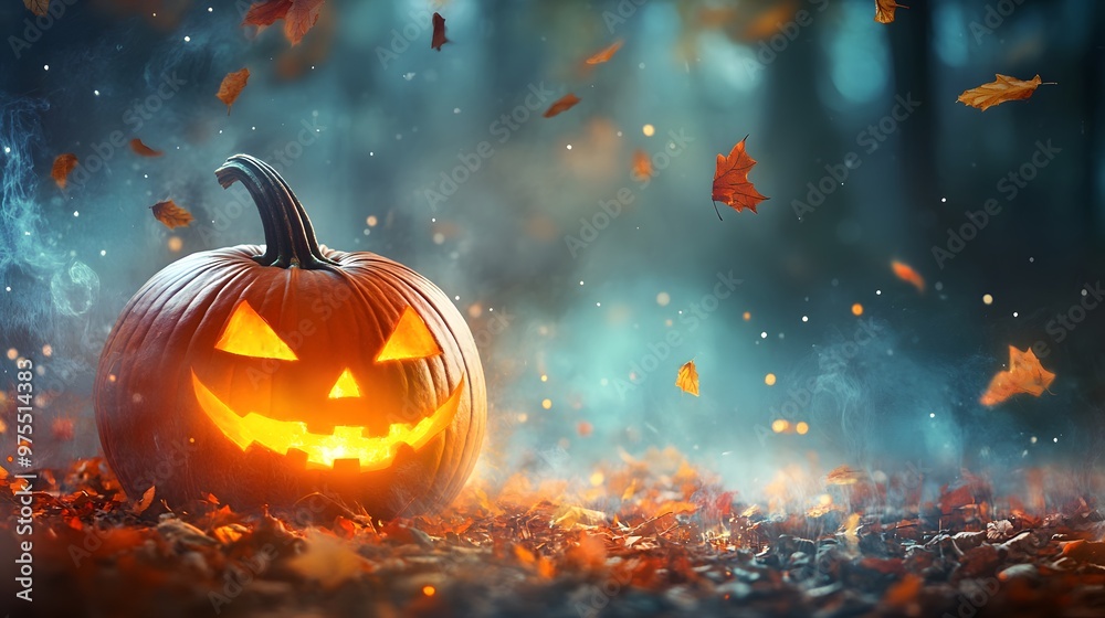 A pumpkin glowing with ethereal energy, surrounded by ghostly light and cool autumn leaves in the air, magical Halloween night A pumpkin glowing with ethereal energy, surrounded by ghostly light and cool autumn leaves in the air, magical Halloween night