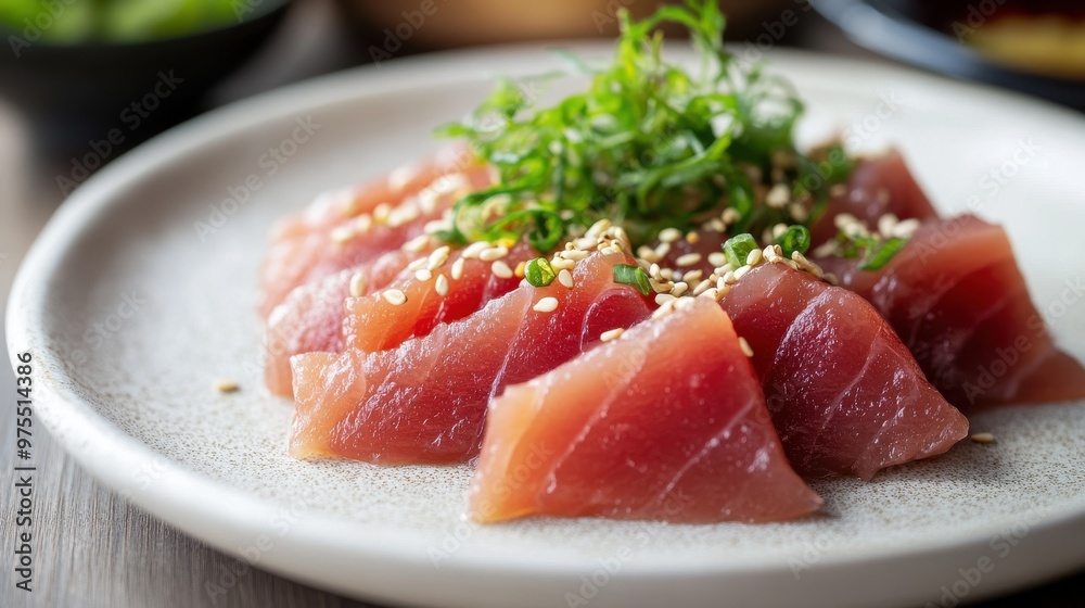 Thinly Sliced Tuna with Sesame Seeds on White Plate | Elegant Food Presentation -- 16:9 Thinly Sliced Tuna with Sesame Seeds on White Plate | Elegant Food Presentation -- 16:9