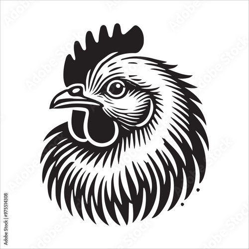 Hen silhouette Clipart - Brahma chickens face Vector illustration in black and white