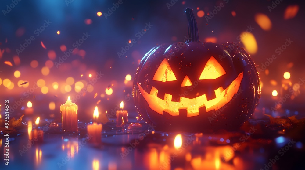 Fototapeta premium A glowing magic pumpkin with floating candles, creating a cool and mysterious Halloween atmosphere
