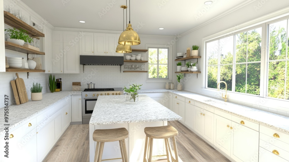 Modern white kitchen with island, gold hardware, and wood shelves. Modern white kitchen with island, gold hardware, and wood shelves.