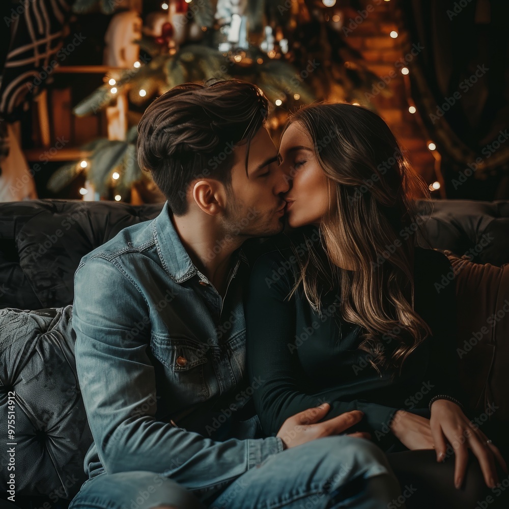 Couple kissing and hugging on sofa, valentine's day celebration, romantic relationship, happy man and woman