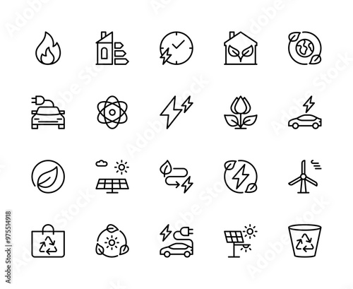 Energy saving vector linear icons set. Contains such energy saving icons as solar panels, wind turbines, smart house and more.