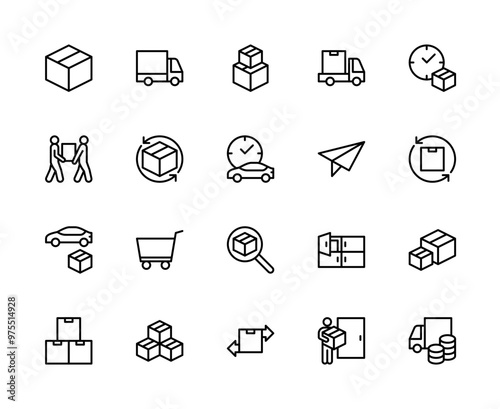 Cargo delivery vector linear icons set. Contains such cargo delivery icons as delivery, box, truck, cargo and more.