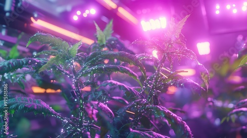 Weed plants entangled with glowing holographic technology lines, overlay of futuristic farming equipment in the background, neon purple lighting, vibrant and sharp focus, cybernetic style photo