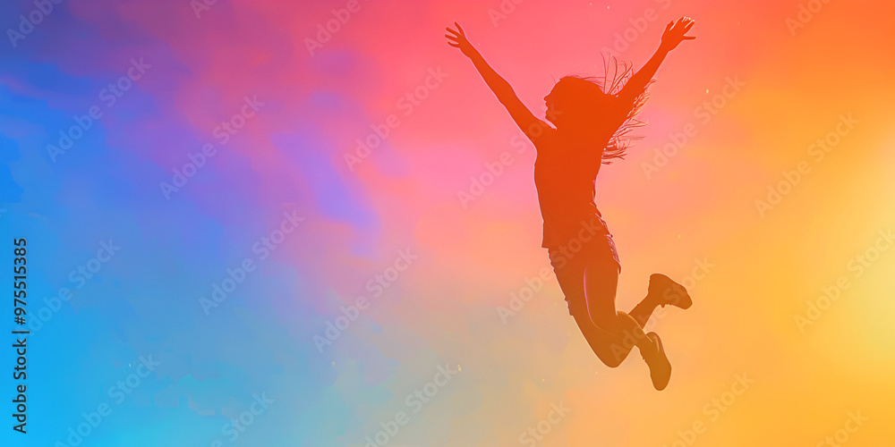 Silhouette of woman jumping with colorful sky background, Joyful woman leaping in vibrant rainbow sky
Silhouette of woman jumping with colorful sky background, Joyful woman leaping in vibrant rainbow sky