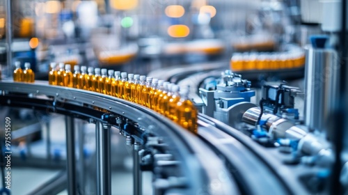 Wallpaper Mural Modern automated factory assembly line for bottling beverages. Advanced industrial equipment and machinery emphasize efficiency, automation, and high-tech manufacturing processes in sterile Torontodigital.ca