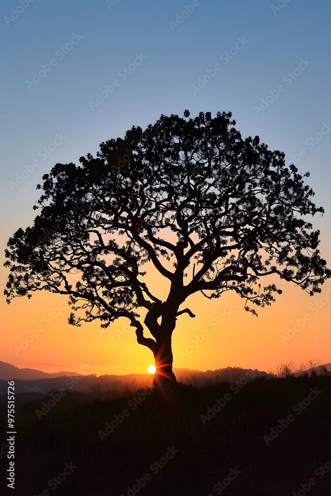 A majestic solitary tree towers gracefully in front of a colorful sunset, offering a peaceful and inspirational scene of natures beauty and tranquility as the evening falls A majestic solitary tree towers gracefully in front of a colorful sunset, offering a peaceful and inspirational scene of natures beauty and tranquility as the evening falls