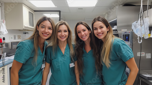 Four women in green scrubs are smiling for the camera. They are all wearing the same color and seem to be happy