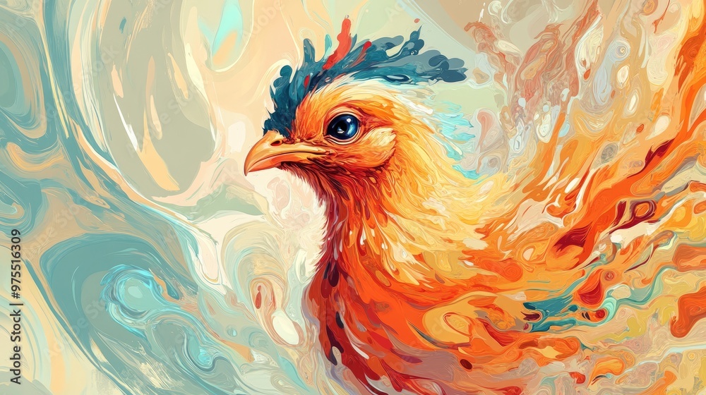 2d illustration of a chicken chick in an impressionist wavy style featuring a surreal bird head design 2d illustration of a chicken chick in an impressionist wavy style featuring a surreal bird head design