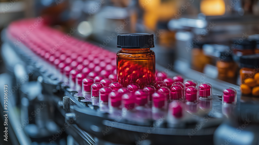 A row of pills are being made on a conveyor belt. A bottle of pills is sitting on top of the row