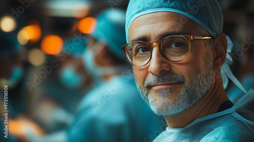 A man wearing a white lab coat and a blue surgical mask is smiling. He is wearing a pair of glasses and he is a doctor