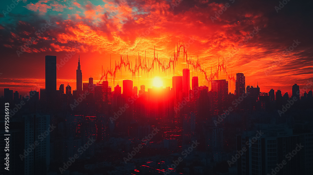 Fototapeta premium A city skyline with a red sun in the sky. The sun is setting and the sky is filled with clouds